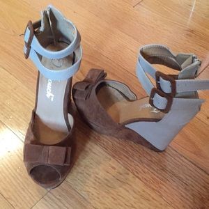 Brown and tan ankle strap platform sandals